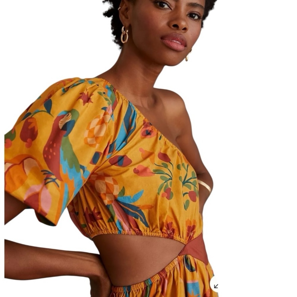 Farm Rio x Anthropologie One Shoulder Tropical Puff Sleeve Maxi Dress Large - Picture 4 of 16